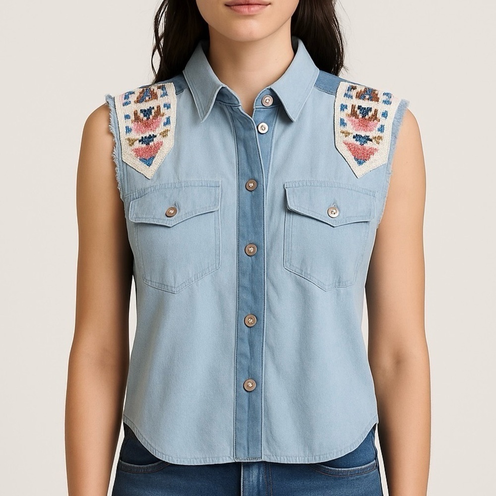 Torn Ronny Kobo Beaded Denim Vest XS Boho Western Aztec Festival Sleeveless Top